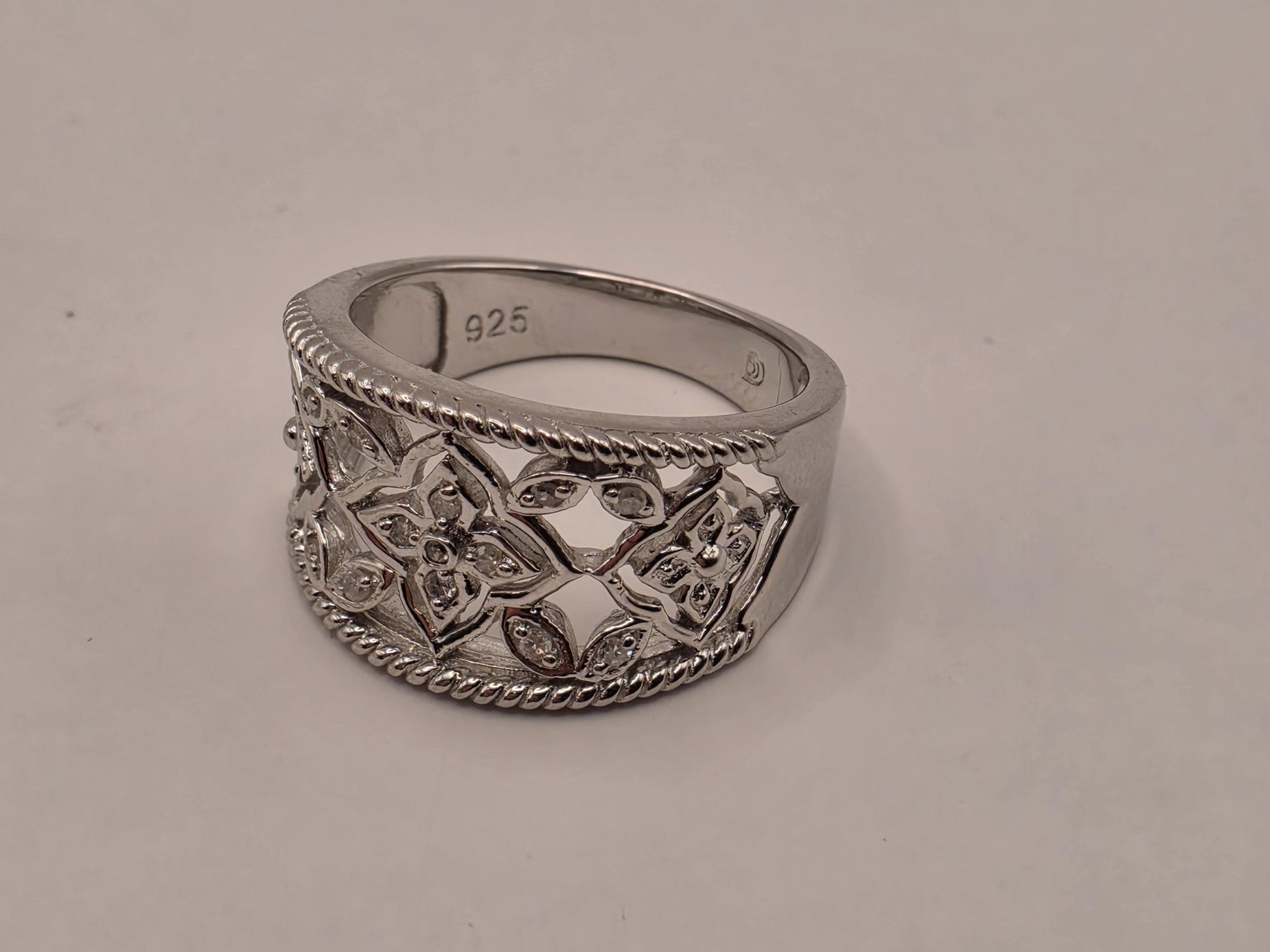 925 Sterling Silver Diamond Band Ring Genuine Diamond 0.08ct Openwork Floral Fancy Band Womens Fine Jewelry Anniversary Ring Gift for Her