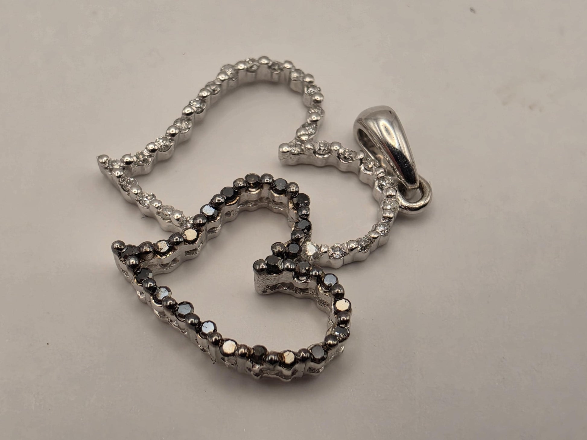 10k White Gold Double Heart Pendant Genuine White and Black Diamond Interlocking Hearts Womens Fine Jewelry Gift for Her Anniversary