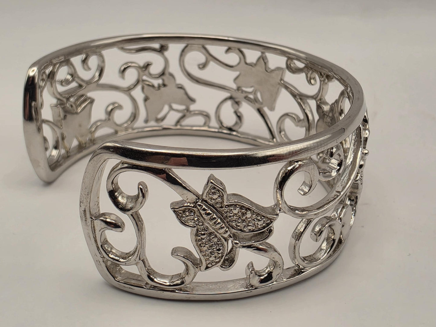 Sterling Silver Diamond Butterfly Cuff Bracelet 925 Openwork Filigree Scroll Genuine Diamonds Adjustable Statement Wide Band Womens Gift