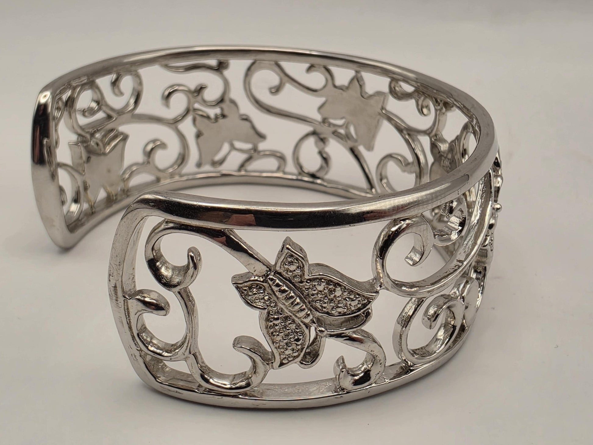 Sterling Silver Diamond Butterfly Cuff Bracelet 925 Openwork Filigree Scroll Genuine Diamonds Adjustable Statement Wide Band Womens Gift