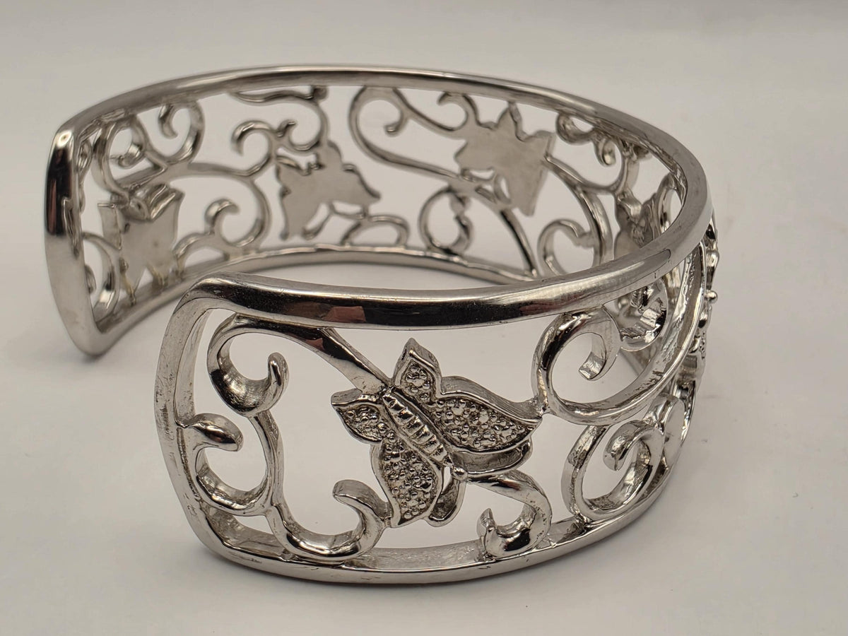 Sterling Silver Diamond Butterfly Cuff Bracelet 925 Openwork Filigree Scroll Genuine Diamonds Adjustable Statement Wide Band Womens Gift