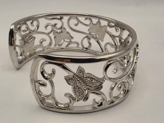 Sterling Silver Diamond Butterfly Cuff Bracelet 925 Openwork Filigree Scroll Genuine Diamonds Adjustable Statement Wide Band Womens Gift