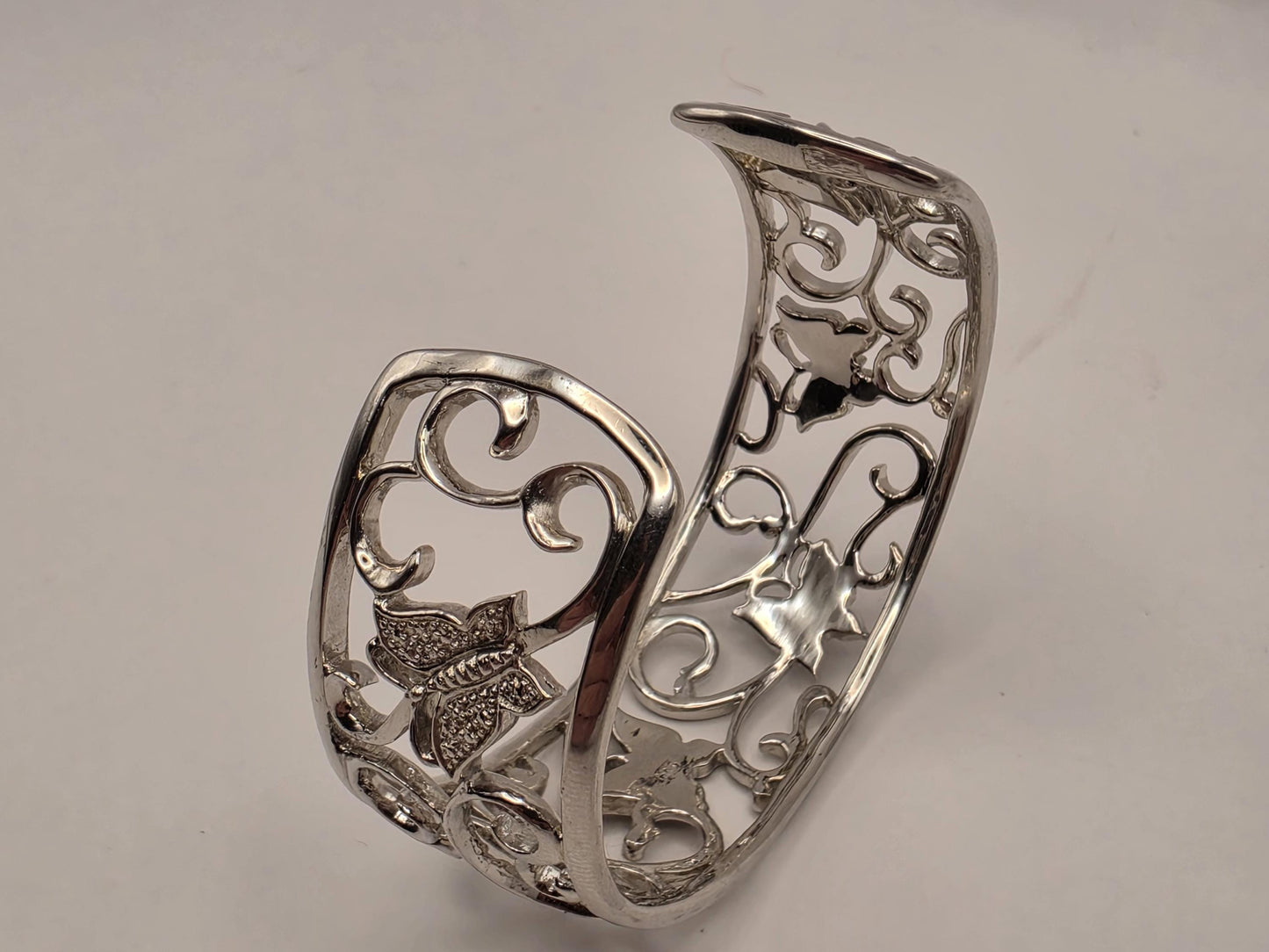 Sterling Silver Diamond Butterfly Cuff Bracelet 925 Openwork Filigree Scroll Genuine Diamonds Adjustable Statement Wide Band Womens Gift