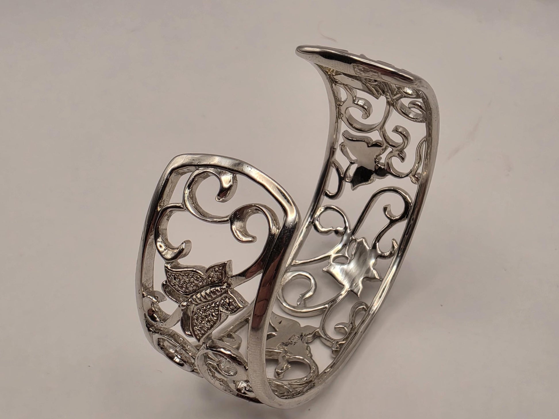 Sterling Silver Diamond Butterfly Cuff Bracelet 925 Openwork Filigree Scroll Genuine Diamonds Adjustable Statement Wide Band Womens Gift