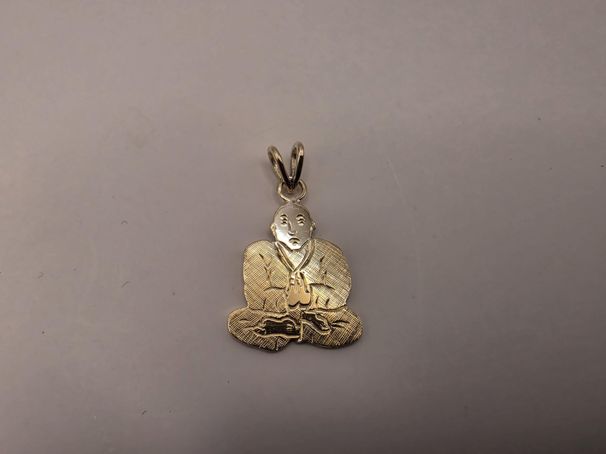 Solid 14K Yellow Gold Praying Monk Pendant Meditating Figure Charm Zen Buddhist Spiritual Good Fortune Jewelry Gift Diamond Cut Detail