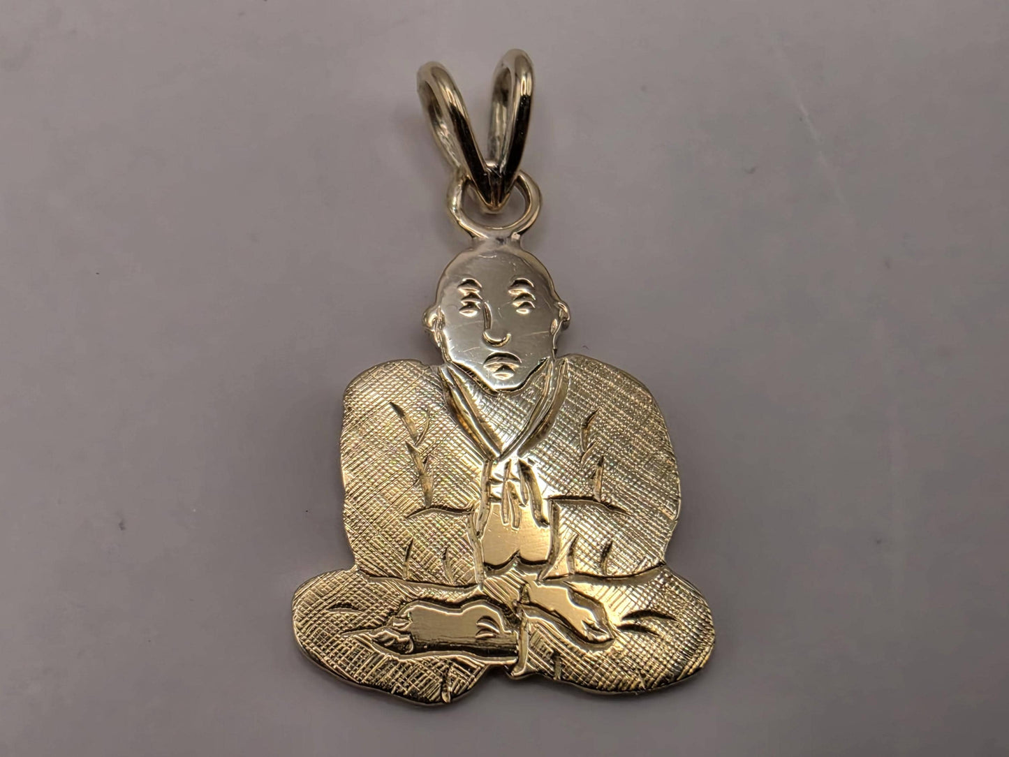Solid 14K Yellow Gold Praying Monk Pendant Meditating Figure Charm Zen Buddhist Spiritual Good Fortune Jewelry Gift Diamond Cut Detail