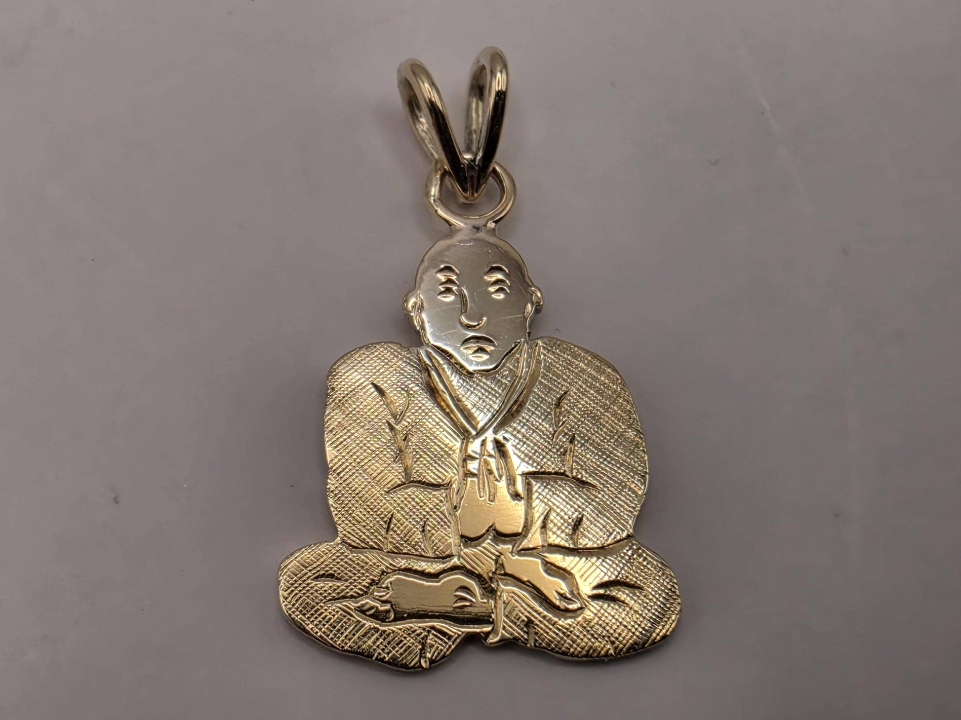 Solid 14K Yellow Gold Praying Monk Pendant Meditating Figure Charm Zen Buddhist Spiritual Good Fortune Jewelry Gift Diamond Cut Detail