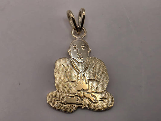 Solid 14K Yellow Gold Praying Monk Pendant Meditating Figure Charm Zen Buddhist Spiritual Good Fortune Jewelry Gift Diamond Cut Detail