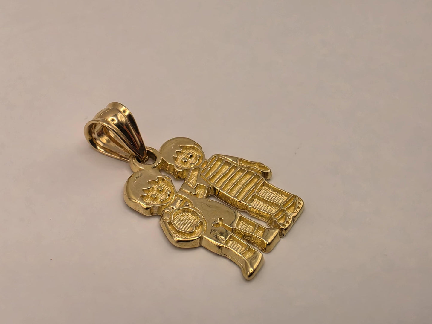 Solid 14K Yellow Gold Boy and Girl Pendant Brother Sister Children Charm Two Kids Family Mom Jewelry Gift Diamond Cut Detail Necklace Charm