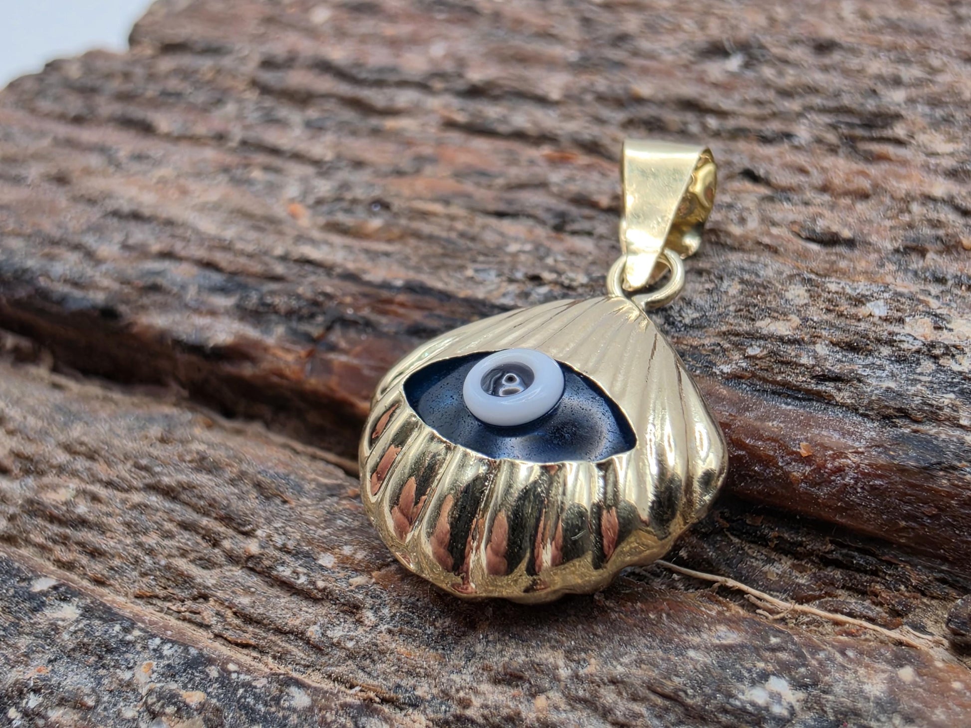 Solid 14K Yellow Gold Evil Eye Pendant Blue Glass Shell Fan Charm Nazar Protection Good Luck Jewelry Gift Turkish Greek Amulet Charm