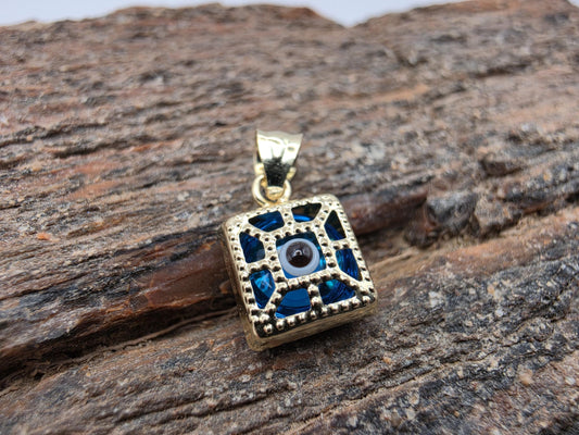14K Yellow Gold Evil Eye Pendant Blue Glass Square Charm Nazar Protection Good Luck Jewelry Gift Turkish Greek Amulet Necklace Charm