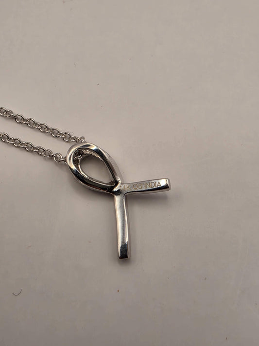 14K White Gold Diamond Awareness Ribbon Necklace Pave Ribbon Pendant Hope Support Survivor Jewelry Meaningful Gift Dainty Everyday 18 Inch