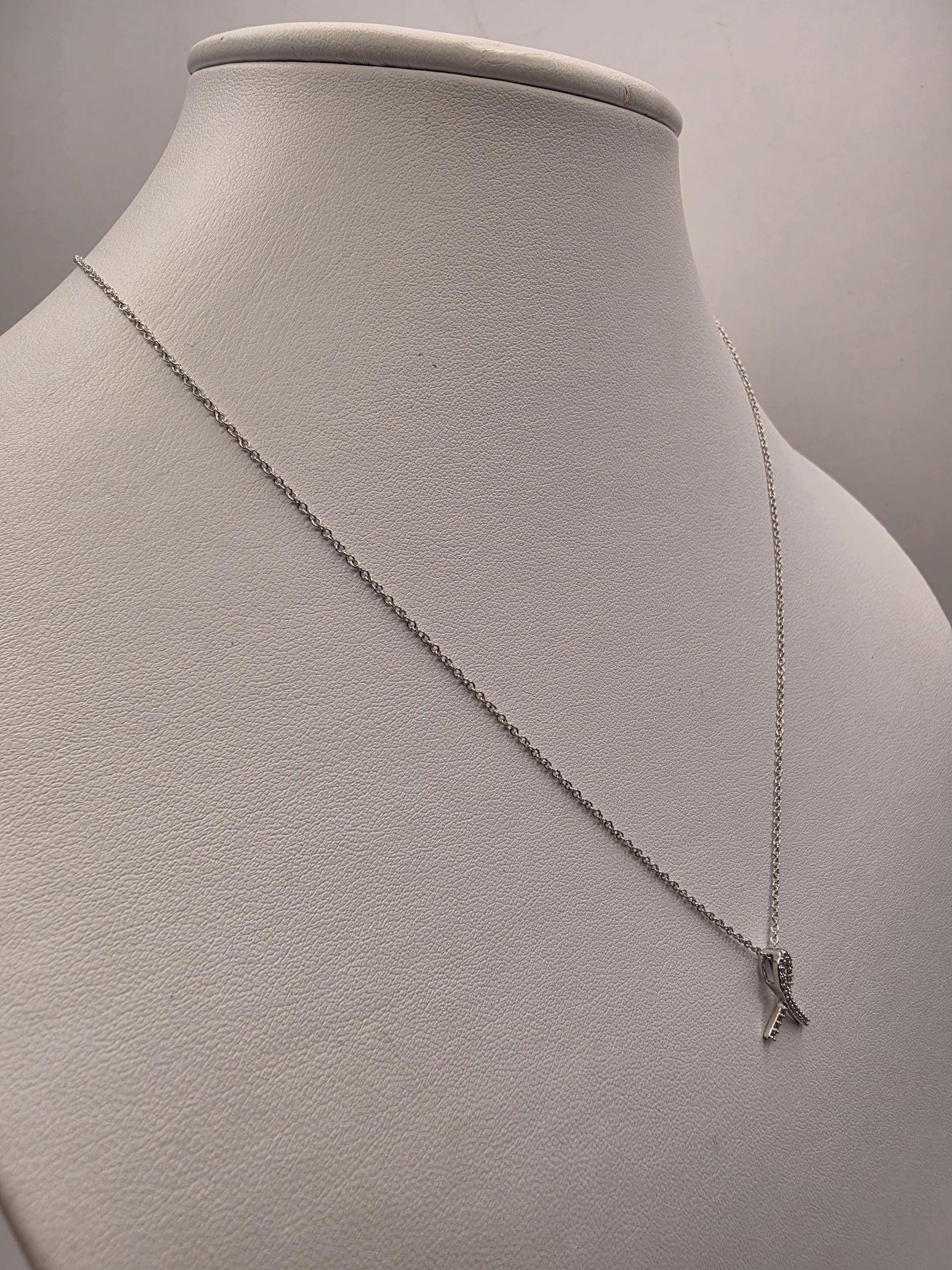 14K White Gold Diamond Awareness Ribbon Necklace Pave Ribbon Pendant Hope Support Survivor Jewelry Meaningful Gift Dainty Everyday 18 Inch