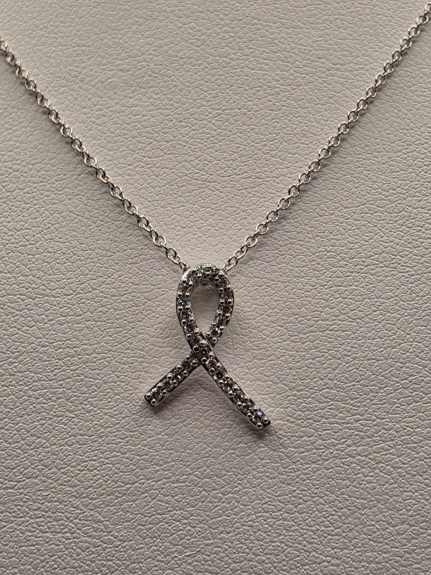 14K White Gold Diamond Awareness Ribbon Necklace Pave Ribbon Pendant Hope Support Survivor Jewelry Meaningful Gift Dainty Everyday 18 Inch