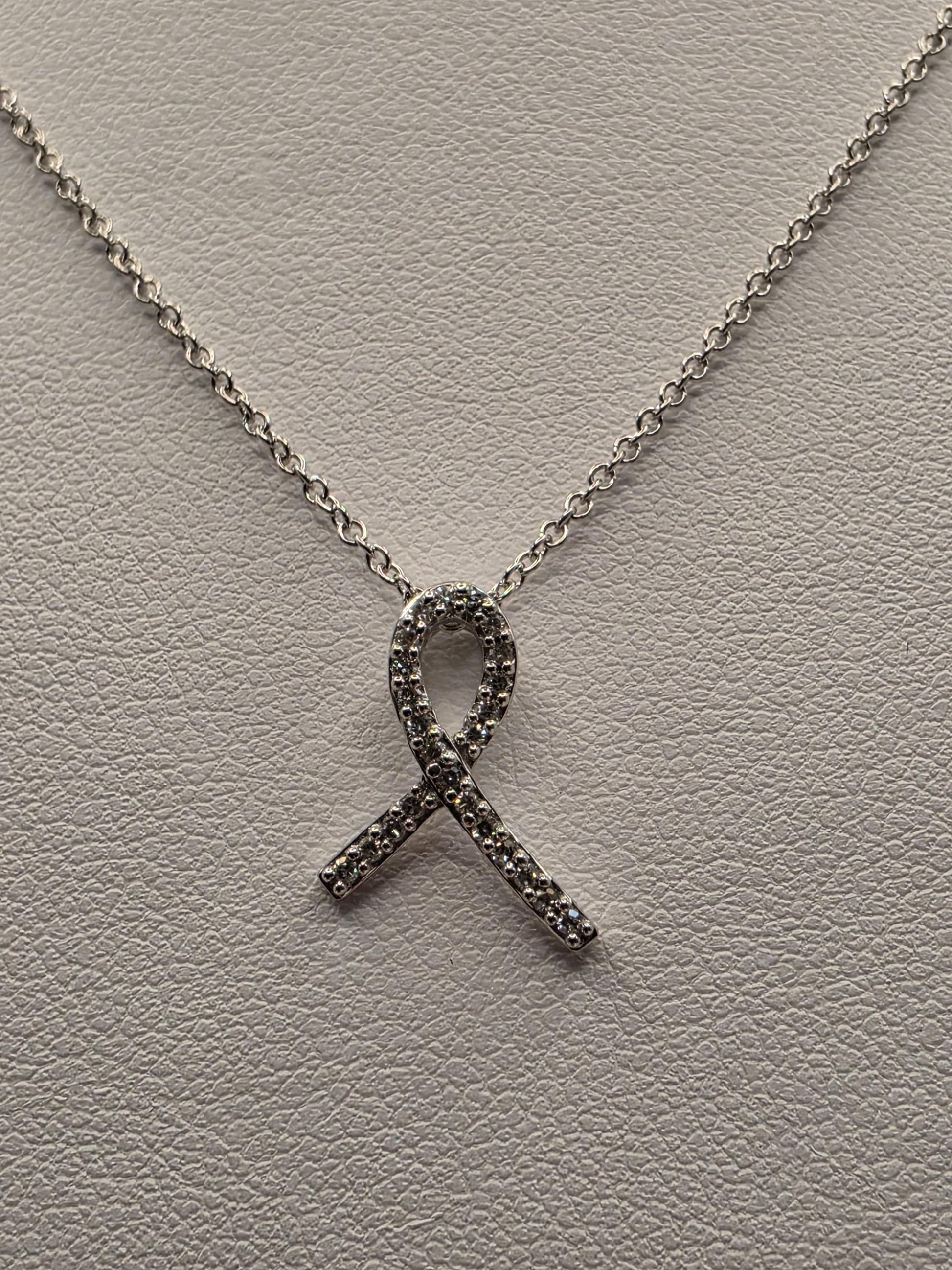 14K White Gold Diamond Awareness Ribbon Necklace Pave Ribbon Pendant Hope Support Survivor Jewelry Meaningful Gift Dainty Everyday 18 Inch