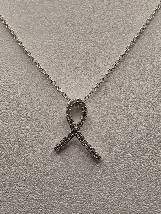 14K White Gold Diamond Awareness Ribbon Necklace Pave Ribbon Pendant Hope Support Survivor Jewelry Meaningful Gift Dainty Everyday 18 Inch