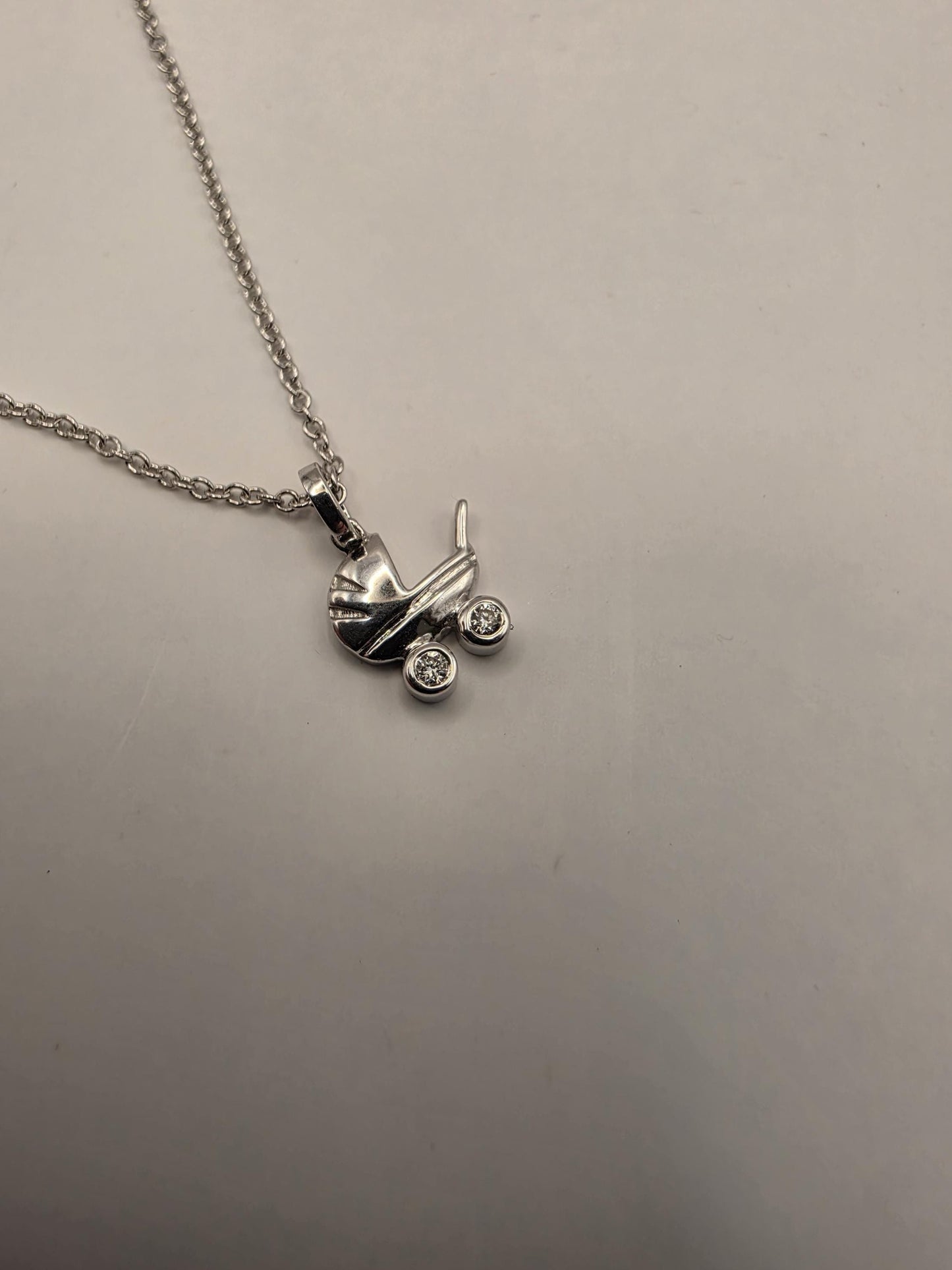 14K White Gold Diamond Baby Carriage Necklace Baby Pram Stroller Pendant New Mom Baby Shower Gift Newborn Keepsake Jewelry Dainty 18 Inch