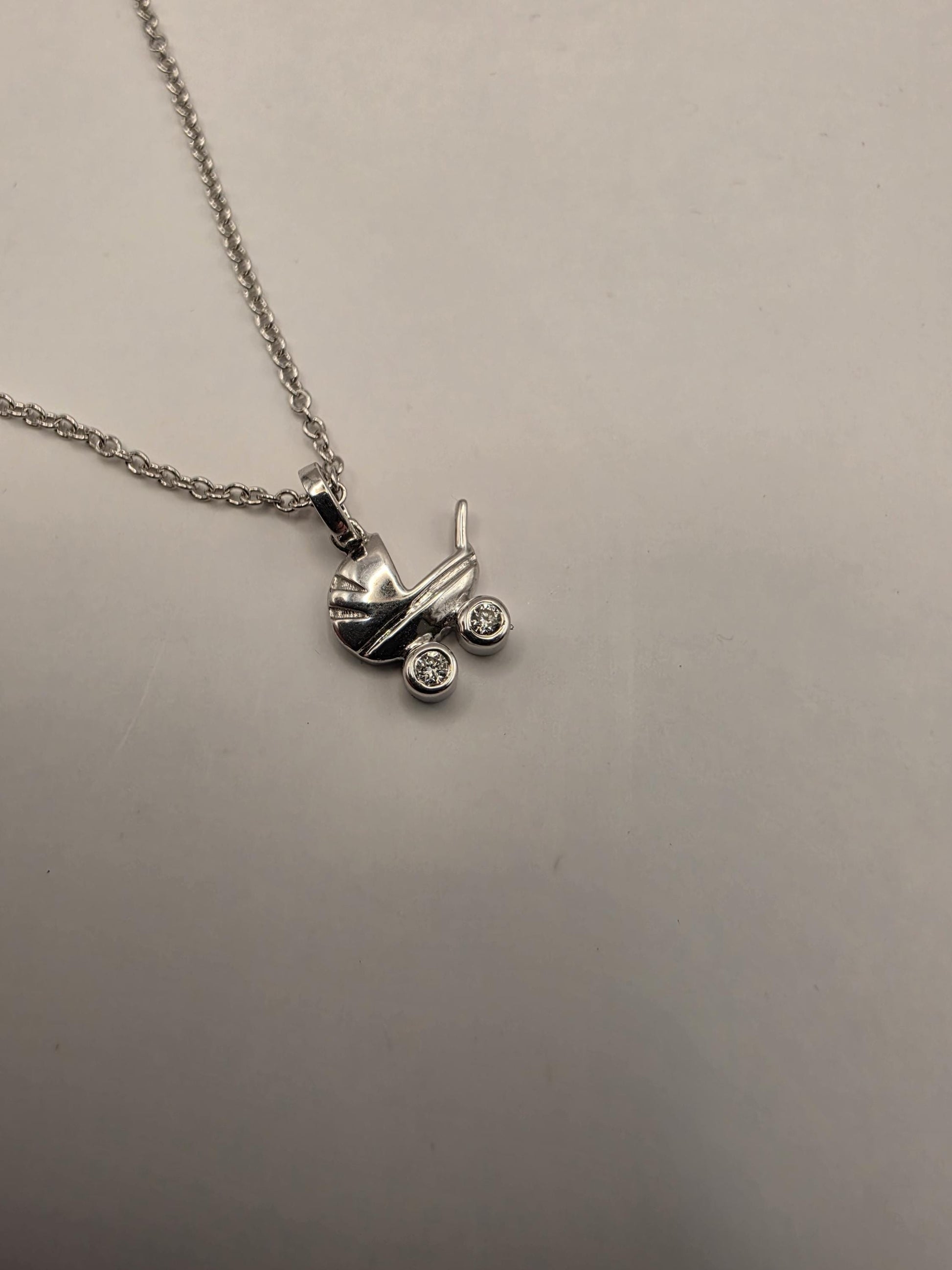 14K White Gold Diamond Baby Carriage Necklace Baby Pram Stroller Pendant New Mom Baby Shower Gift Newborn Keepsake Jewelry Dainty 18 Inch