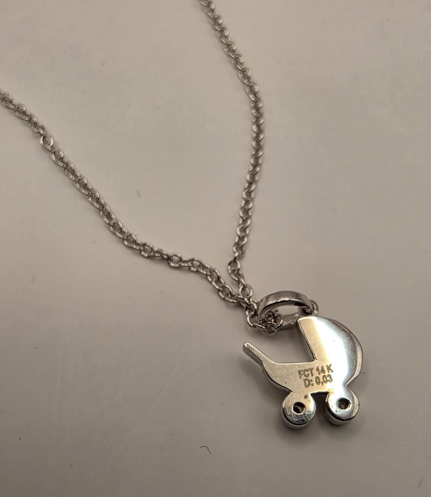 14K White Gold Diamond Baby Carriage Necklace Baby Pram Stroller Pendant New Mom Baby Shower Gift Newborn Keepsake Jewelry Dainty 18 Inch