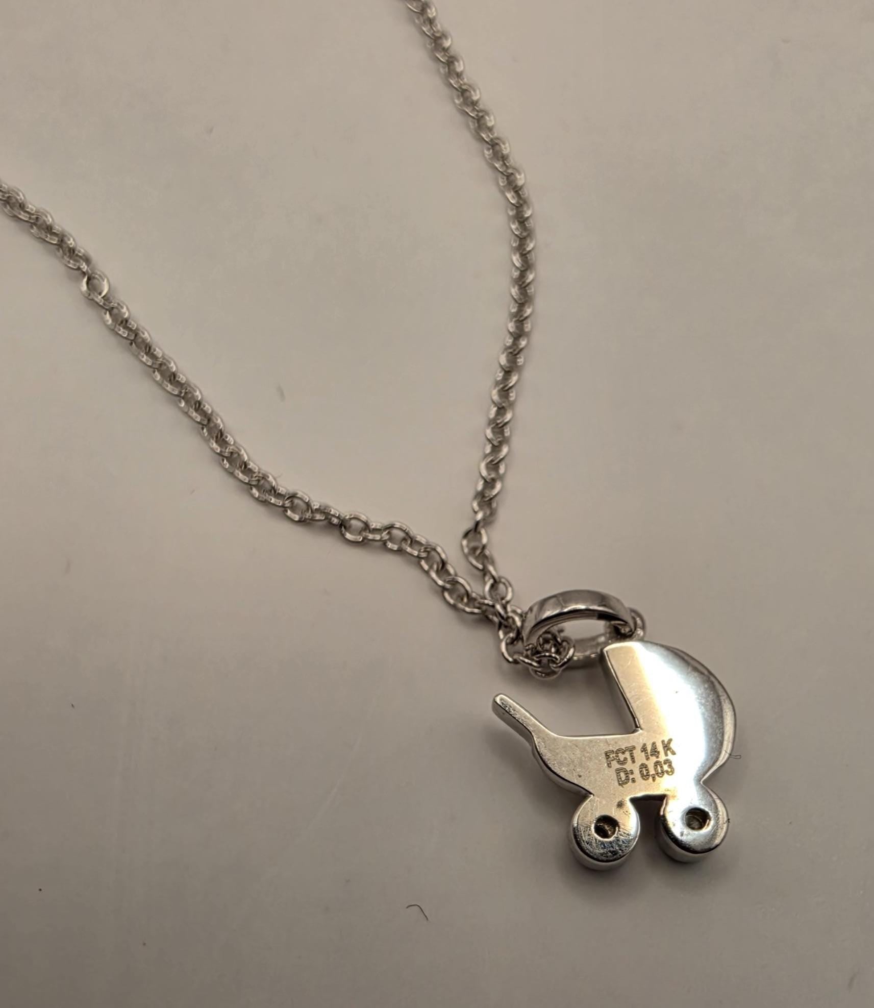 14K White Gold Diamond Baby Carriage Necklace Baby Pram Stroller Pendant New Mom Baby Shower Gift Newborn Keepsake Jewelry Dainty 18 Inch