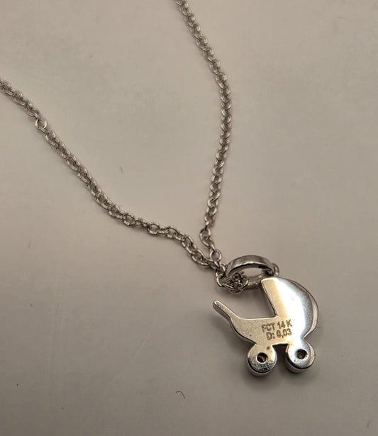 14K White Gold Diamond Baby Carriage Necklace Baby Pram Stroller Pendant New Mom Baby Shower Gift Newborn Keepsake Jewelry Dainty 18 Inch