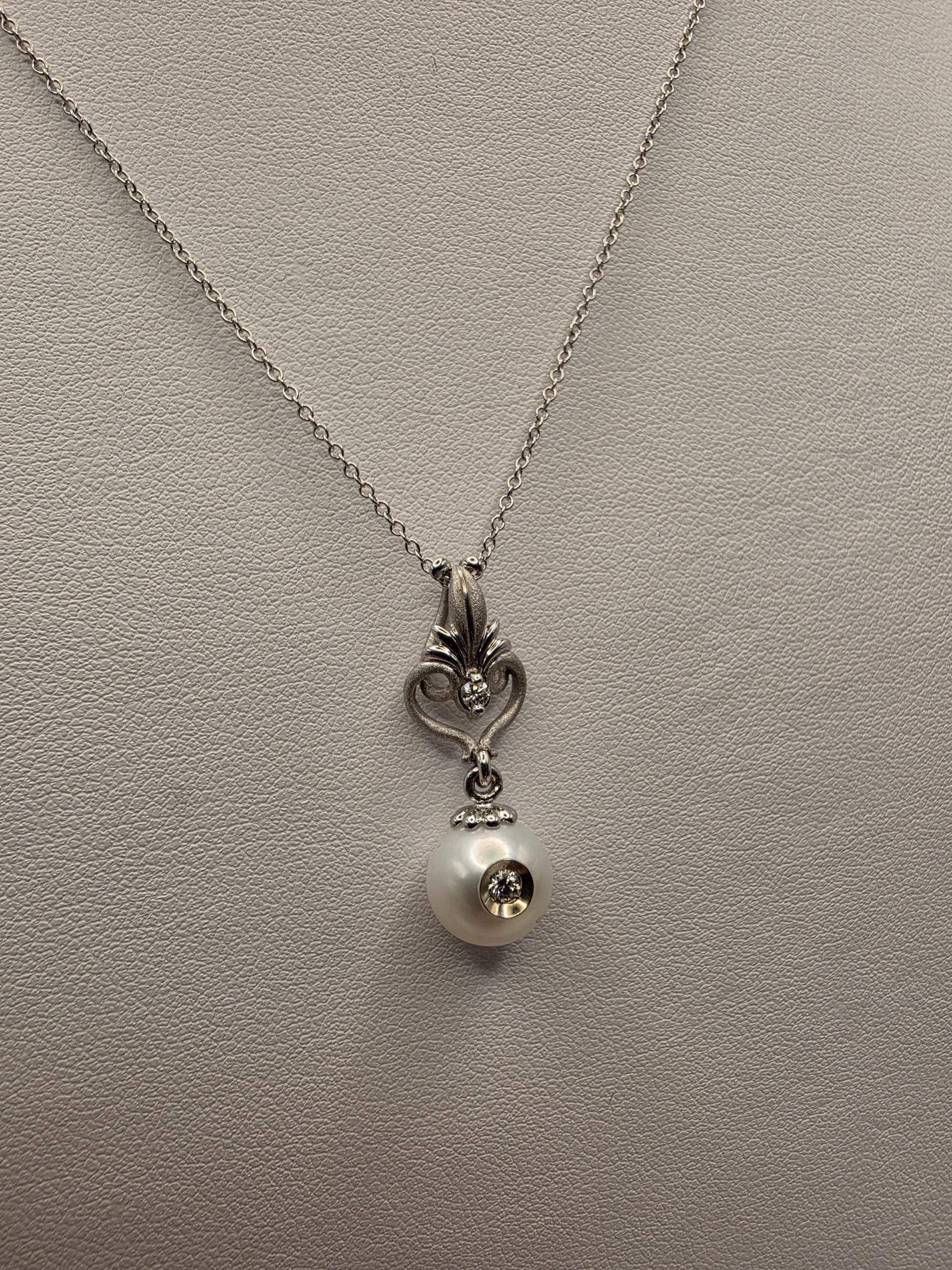 14K White Gold Pearl and Diamond Drop Necklace Vintage Filigree Cultured Pearl Pendant Milgrain Antique Style Bridal Gift for Her 18 Inch