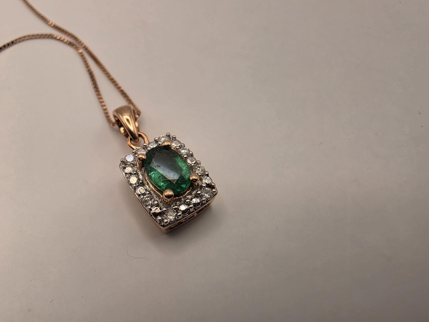 10K Rose Gold Emerald Diamond Halo Necklace Natural Emerald Pendant Green Gemstone May Birthstone Gift for Her Fine Jewelry 18 Inch