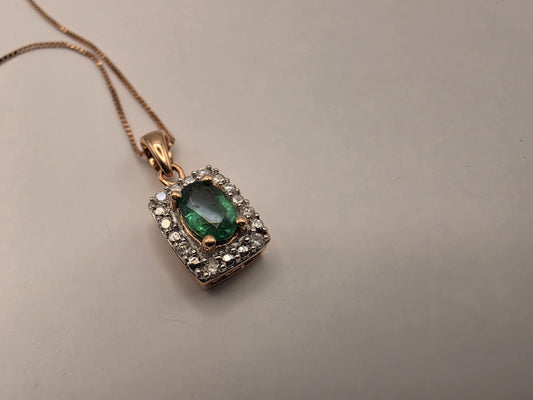 10K Rose Gold Emerald Diamond Halo Necklace Natural Emerald Pendant Green Gemstone May Birthstone Gift for Her Fine Jewelry 18 Inch