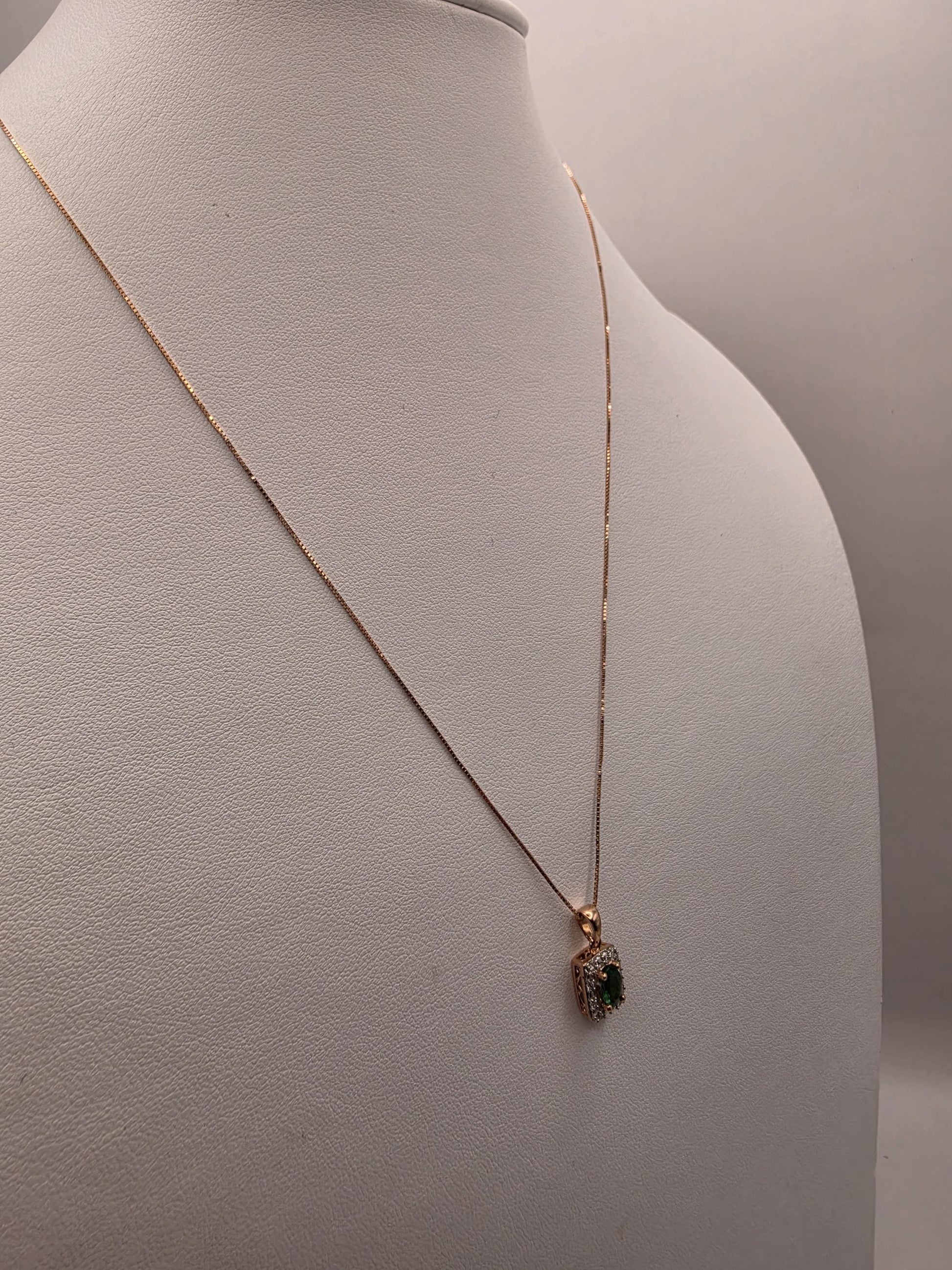 10K Rose Gold Emerald Diamond Halo Necklace Natural Emerald Pendant Green Gemstone May Birthstone Gift for Her Fine Jewelry 18 Inch
