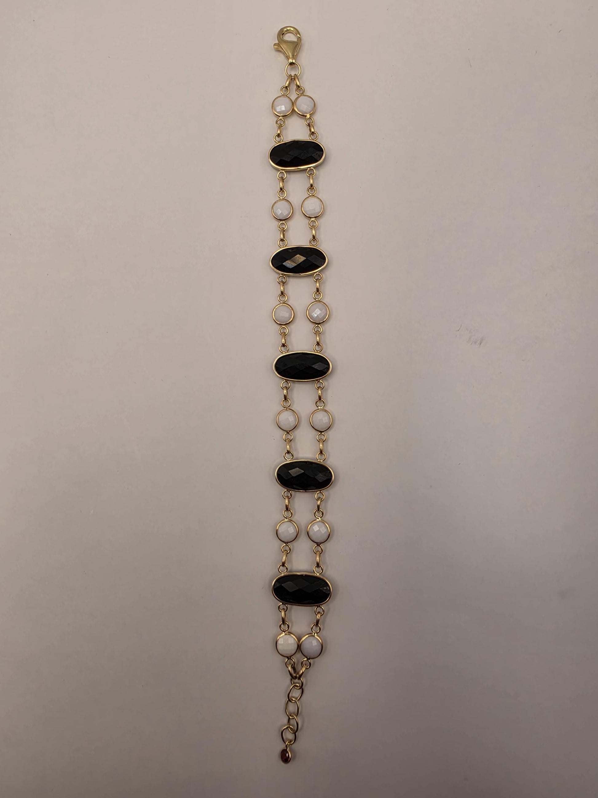 14K Yellow Gold Black and White Onyx Bracelet Faceted Oval Station Double Strand Statement Bracelet Fine Jewelry Gift for Her 8 Inch