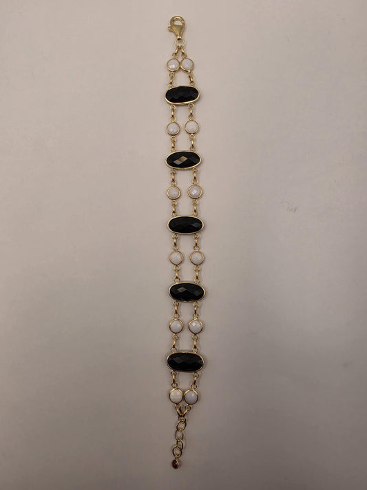 14K Yellow Gold Black and White Onyx Bracelet Faceted Oval Station Double Strand Statement Bracelet Fine Jewelry Gift for Her 8 Inch
