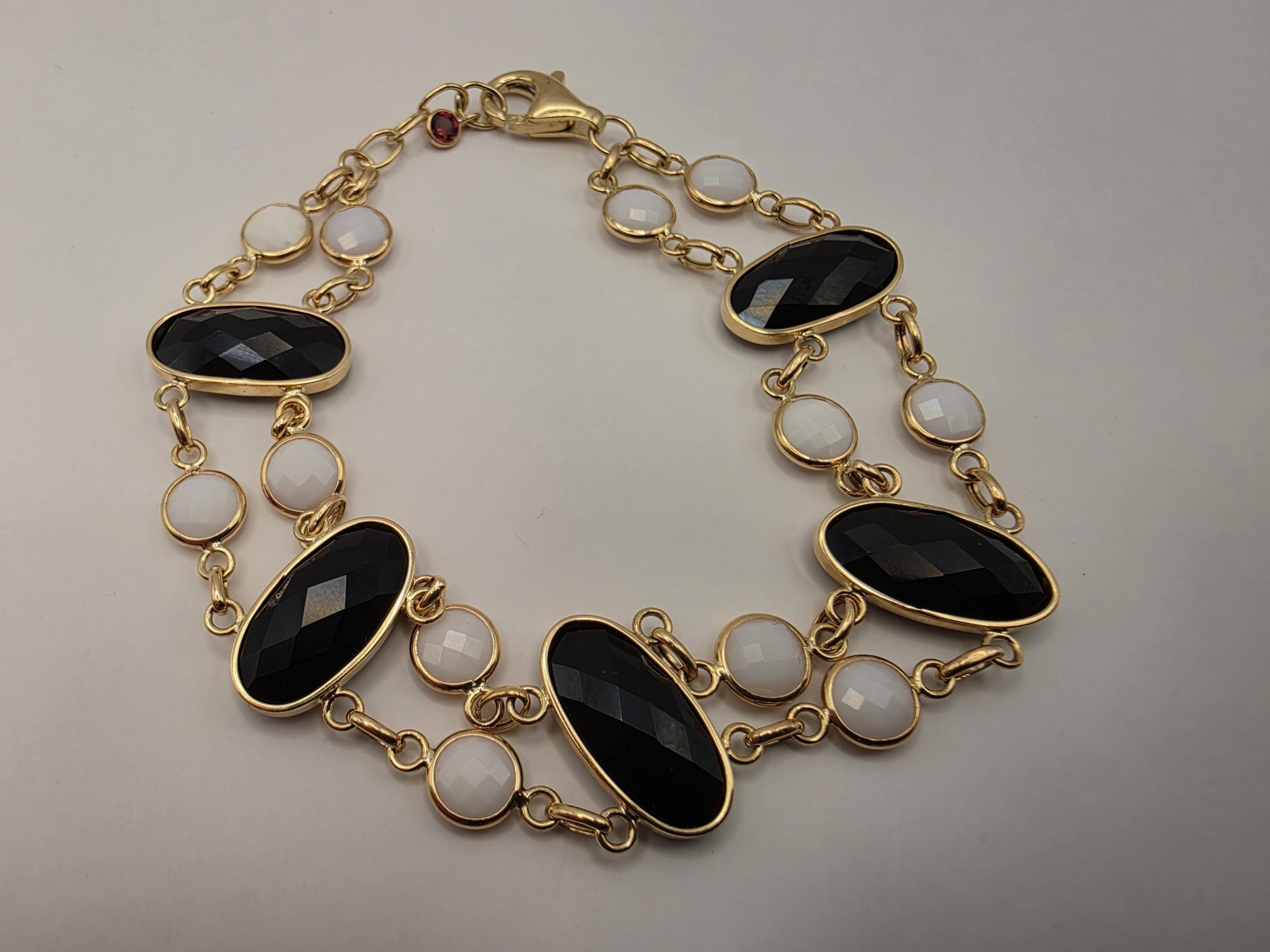 14K Yellow Gold Black and White Onyx Bracelet Faceted Oval Station Double Strand Statement Bracelet Fine Jewelry Gift for Her 8 Inch
