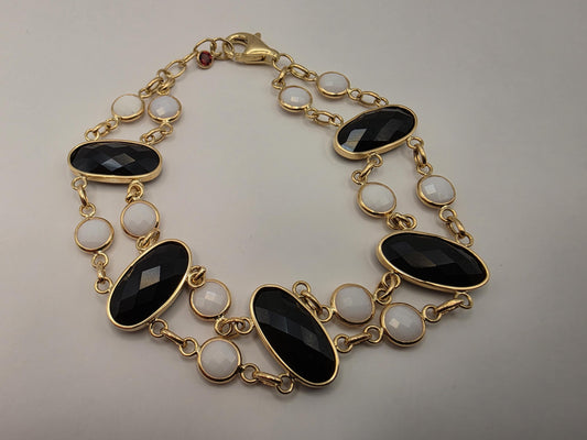 14K Yellow Gold Black and White Onyx Bracelet Faceted Oval Station Double Strand Statement Bracelet Fine Jewelry Gift for Her 8 Inch