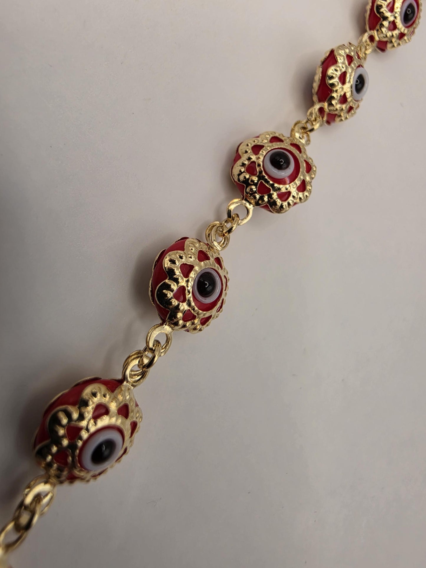 14K Yellow Gold Evil Eye Bracelet Red Flower Glass Bead Nazar Protection Good Luck Turkish Greek Amulet Fine Jewelry Gift for Her 7 Inch