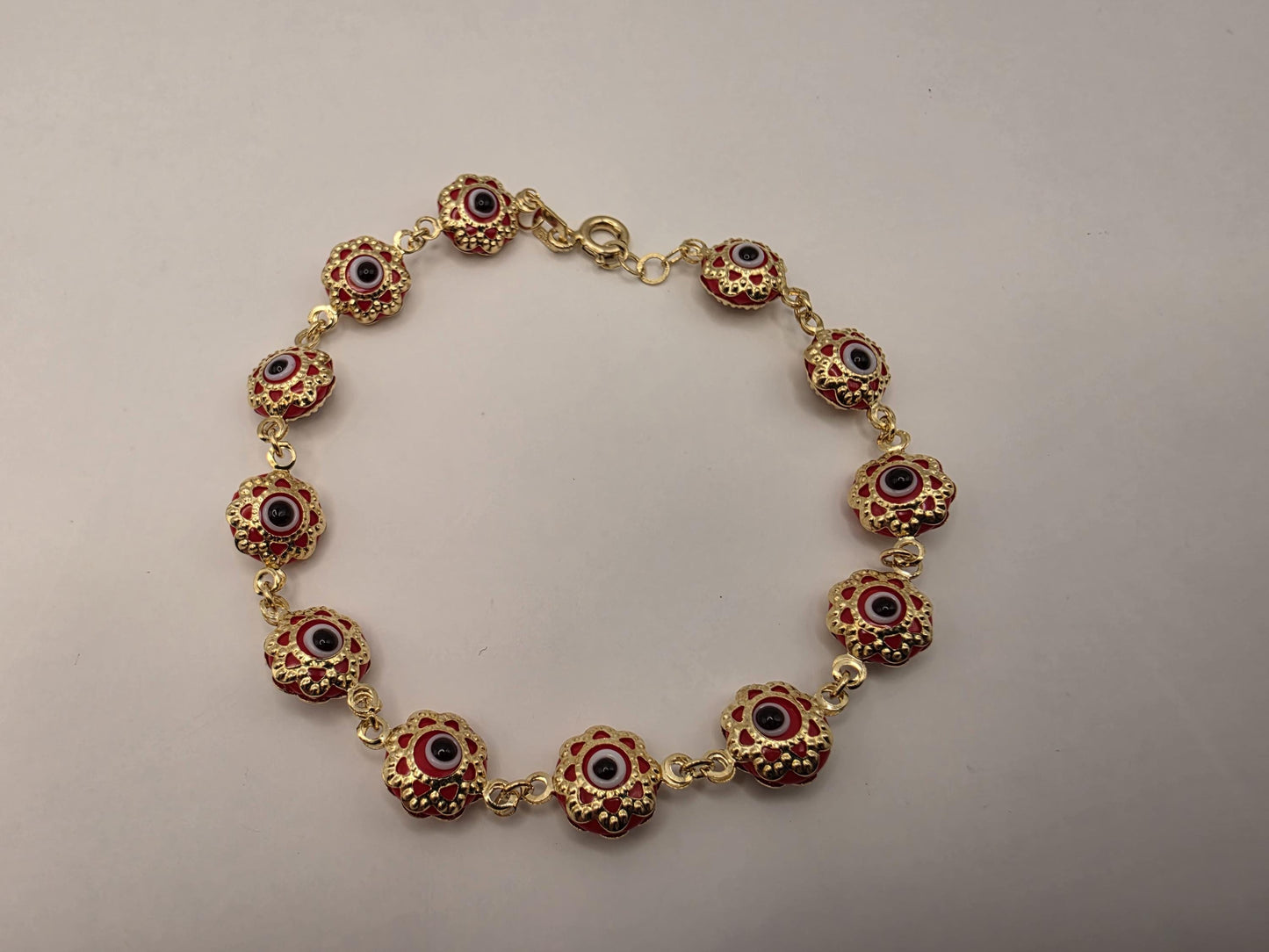 14K Yellow Gold Evil Eye Bracelet Red Flower Glass Bead Nazar Protection Good Luck Turkish Greek Amulet Fine Jewelry Gift for Her 7 Inch