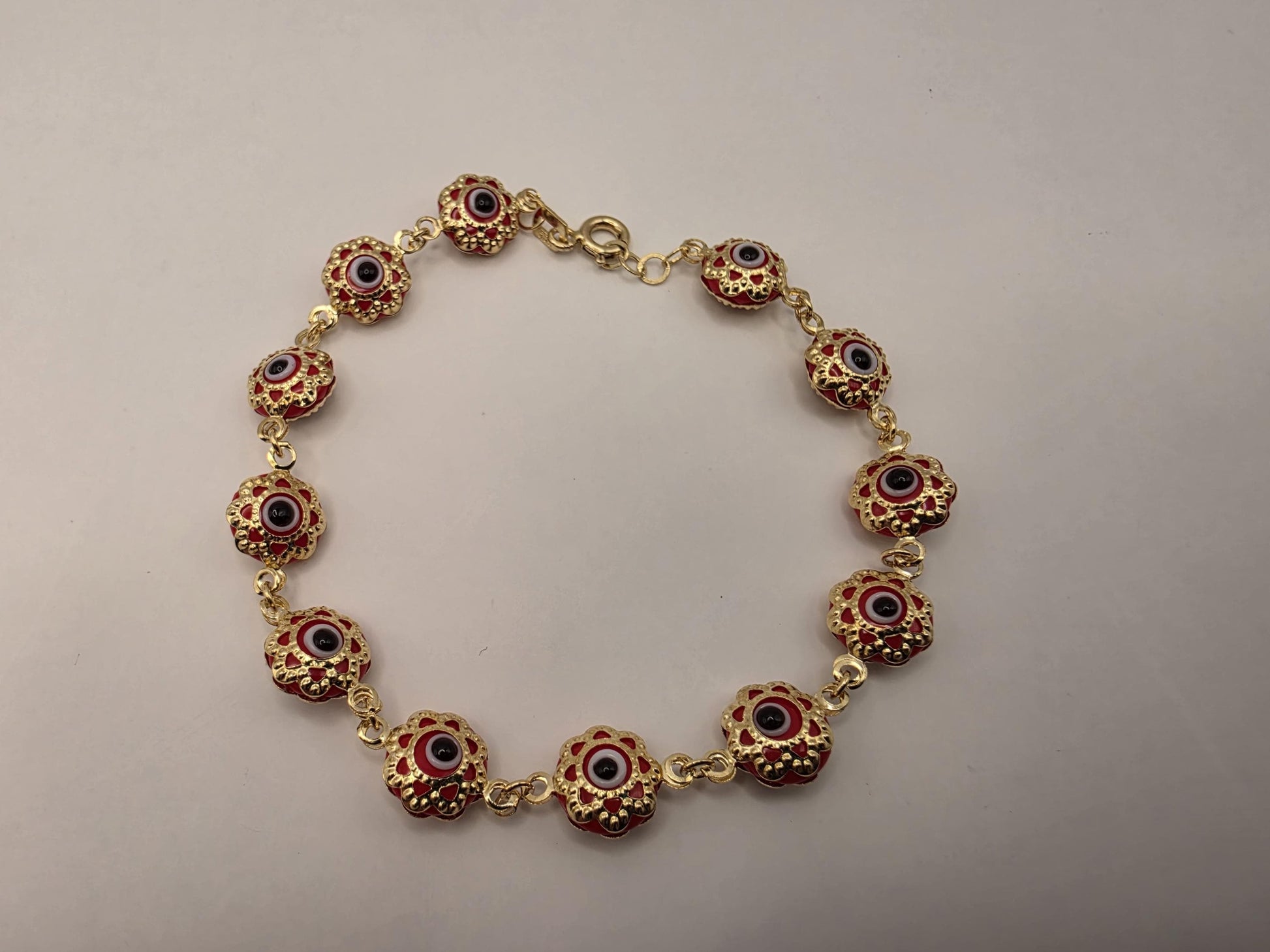 14K Yellow Gold Evil Eye Bracelet Red Flower Glass Bead Nazar Protection Good Luck Turkish Greek Amulet Fine Jewelry Gift for Her 7 Inch