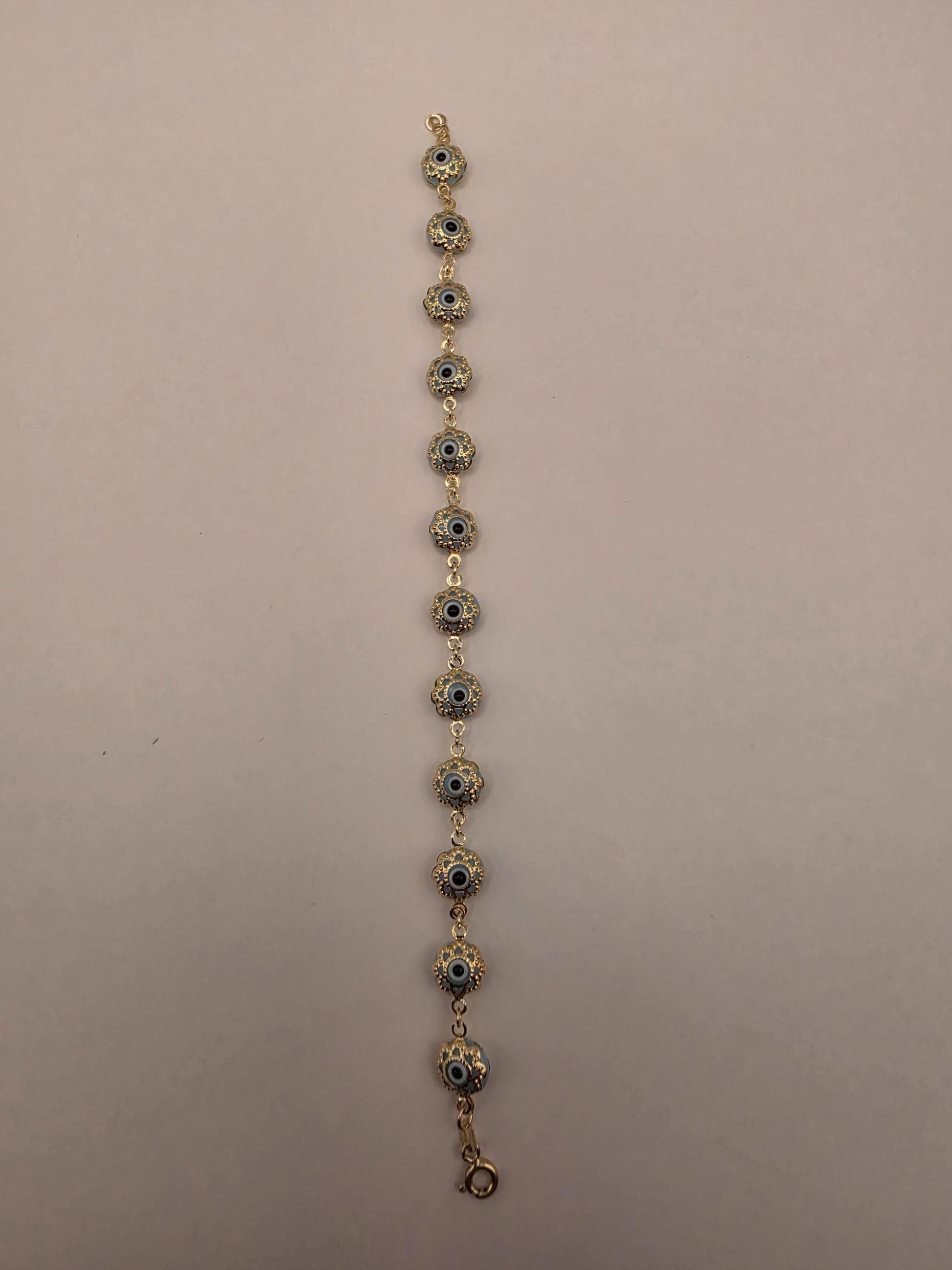 14K Yellow Gold Evil Eye Bracelet Blue Flower Glass Bead Nazar Protection Good Luck Turkish Greek Amulet Fine Jewelry Gift for Her 7 Inch