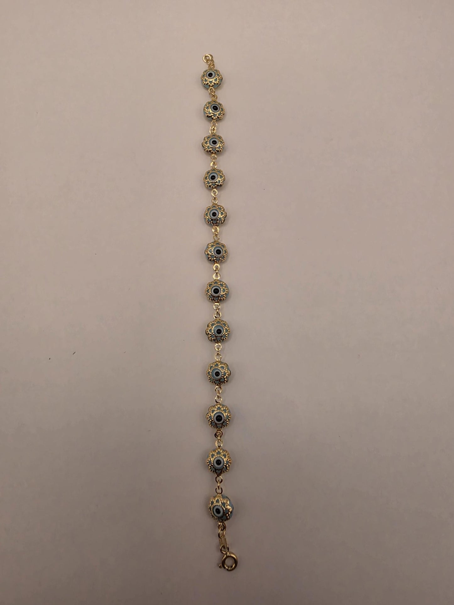 14K Yellow Gold Evil Eye Bracelet Blue Flower Glass Bead Nazar Protection Good Luck Turkish Greek Amulet Fine Jewelry Gift for Her 7 Inch
