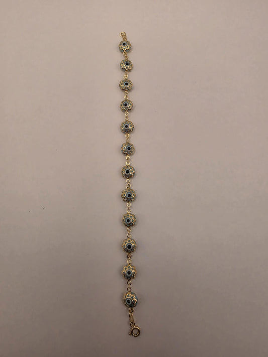 14K Yellow Gold Evil Eye Bracelet Blue Flower Glass Bead Nazar Protection Good Luck Turkish Greek Amulet Fine Jewelry Gift for Her 7 Inch