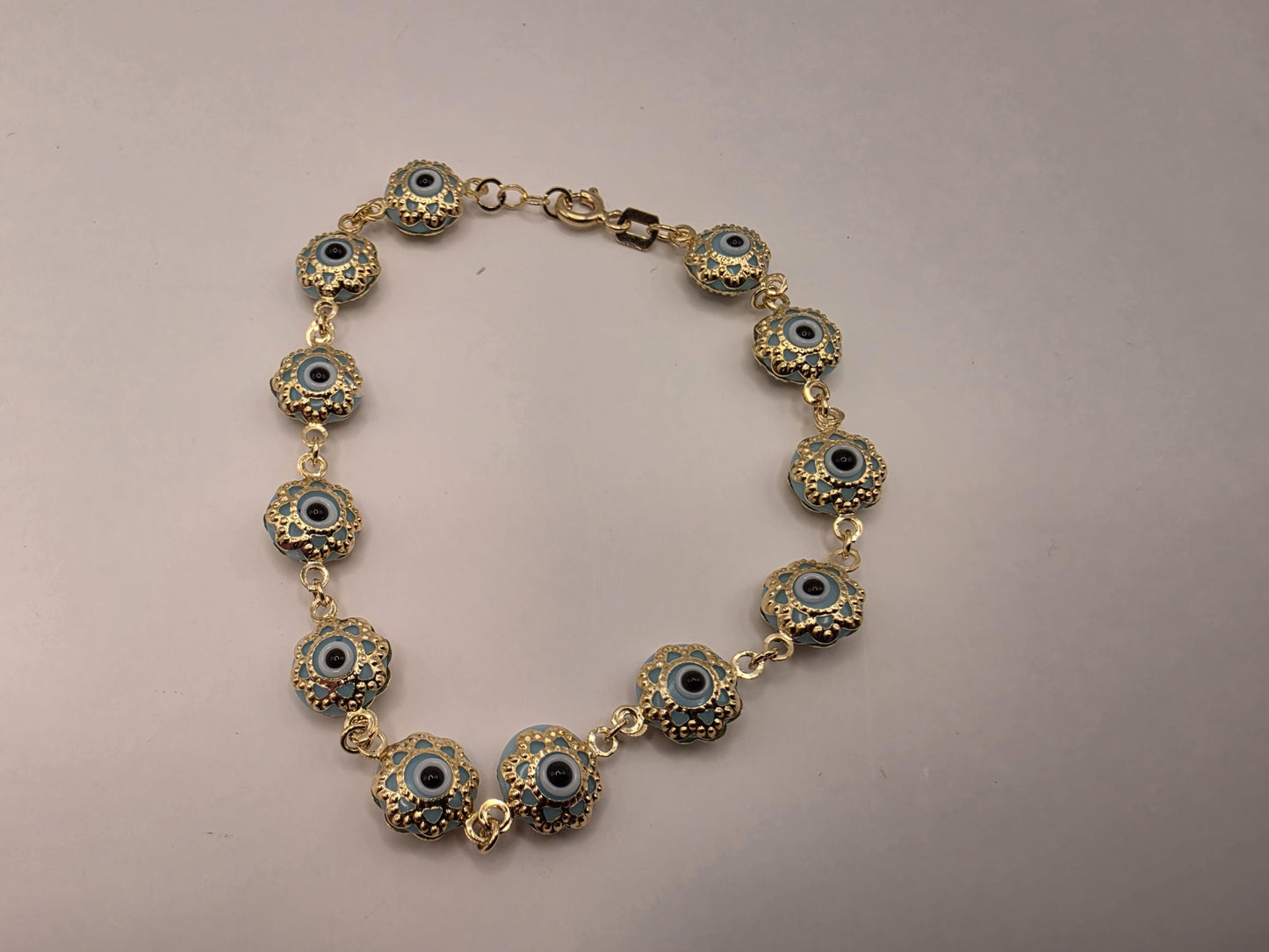 14K Yellow Gold Evil Eye Bracelet Blue Flower Glass Bead Nazar Protection Good Luck Turkish Greek Amulet Fine Jewelry Gift for Her 7 Inch