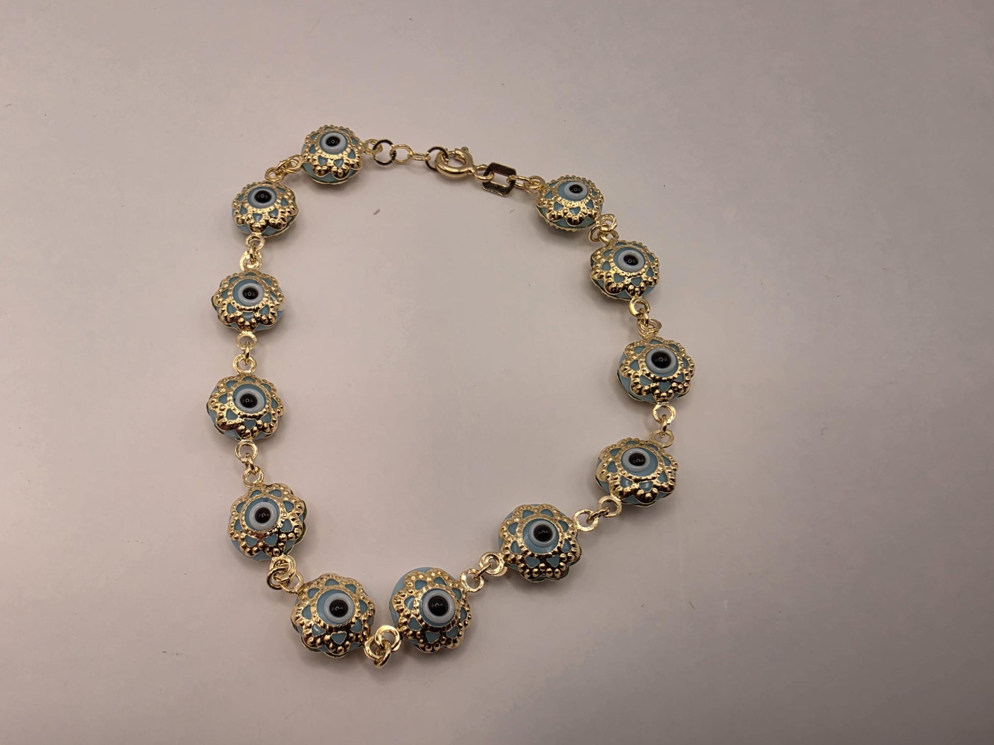 14K Yellow Gold Evil Eye Bracelet Blue Flower Glass Bead Nazar Protection Good Luck Turkish Greek Amulet Fine Jewelry Gift for Her 7 Inch