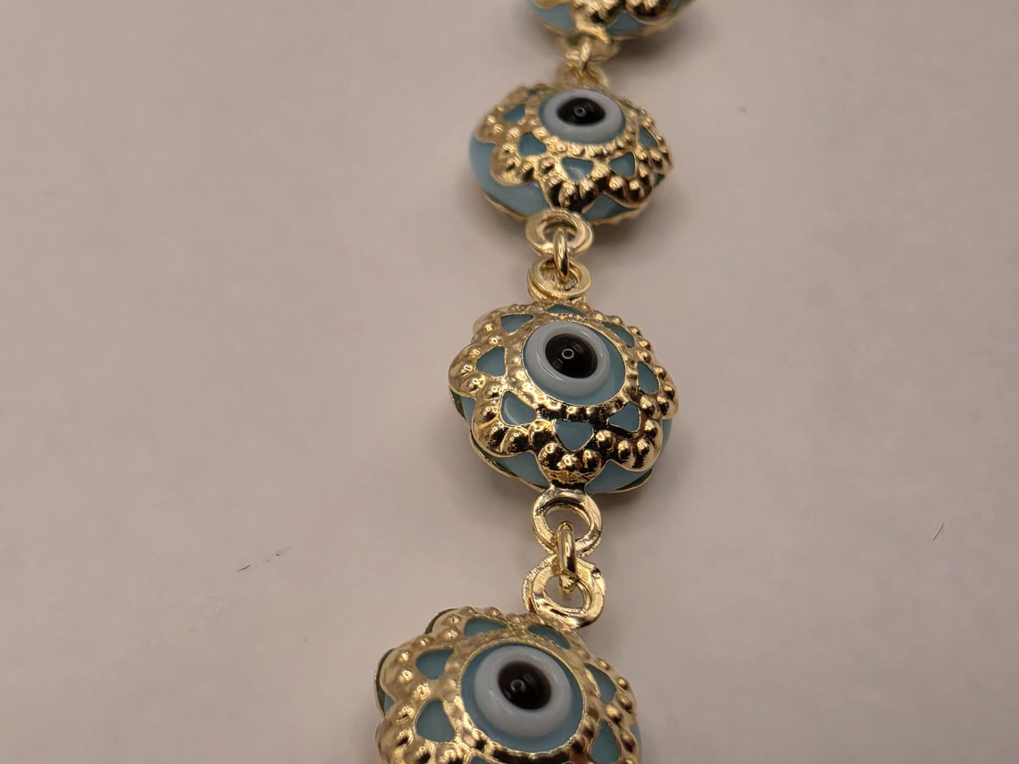 14K Yellow Gold Evil Eye Bracelet Blue Flower Glass Bead Nazar Protection Good Luck Turkish Greek Amulet Fine Jewelry Gift for Her 7 Inch