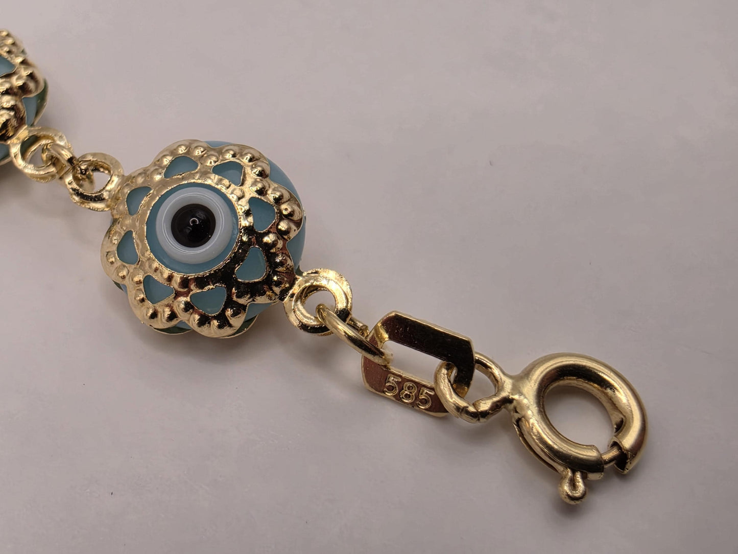 14K Yellow Gold Evil Eye Bracelet Blue Flower Glass Bead Nazar Protection Good Luck Turkish Greek Amulet Fine Jewelry Gift for Her 7 Inch