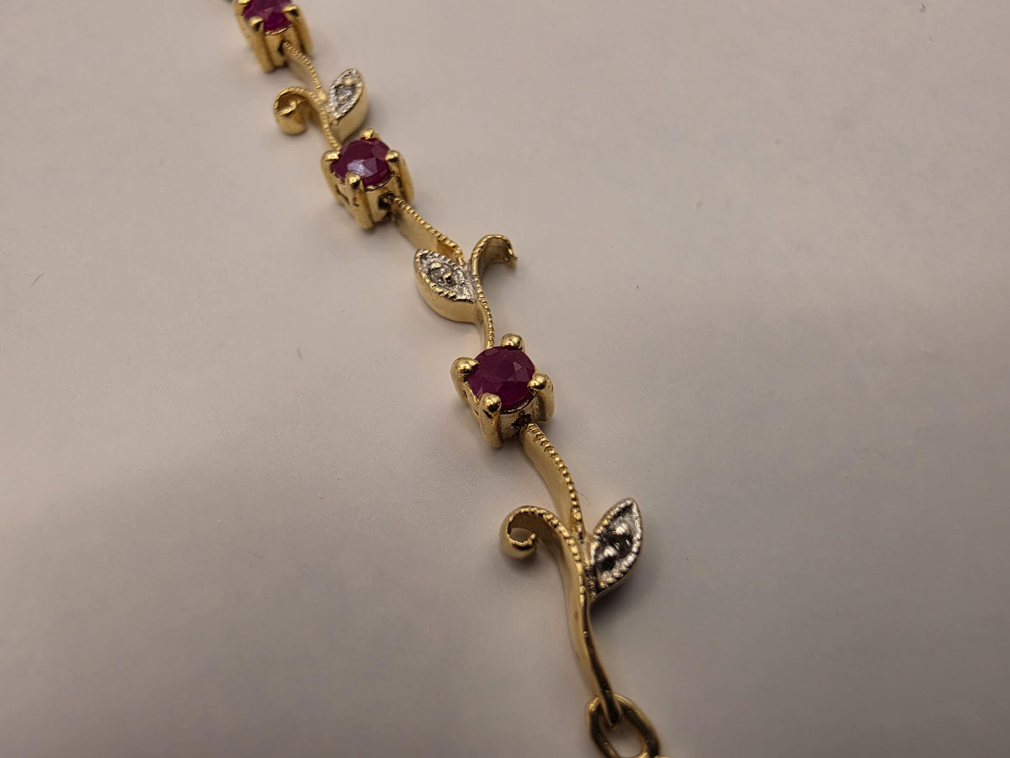 14K Yellow Gold Ruby Diamond Bracelet Floral Vine Flower Leaf Link Natural Ruby July Birthstone Fine Jewelry Gift for Her 7 Inch