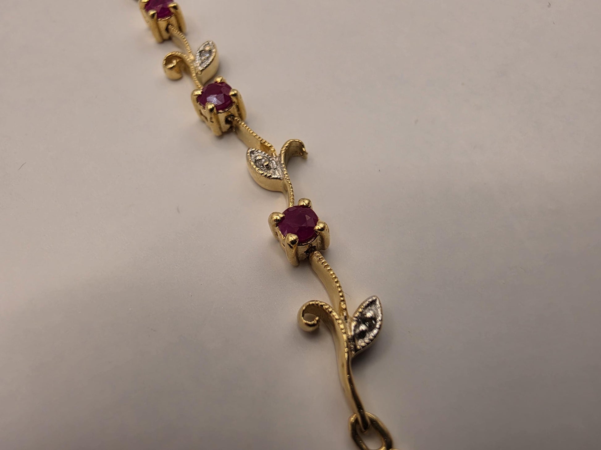 14K Yellow Gold Ruby Diamond Bracelet Floral Vine Flower Leaf Link Natural Ruby July Birthstone Fine Jewelry Gift for Her 7 Inch