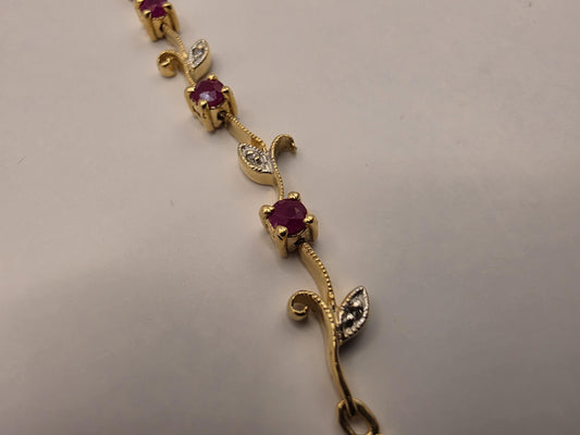 14K Yellow Gold Ruby Diamond Bracelet Floral Vine Flower Leaf Link Natural Ruby July Birthstone Fine Jewelry Gift for Her 7 Inch