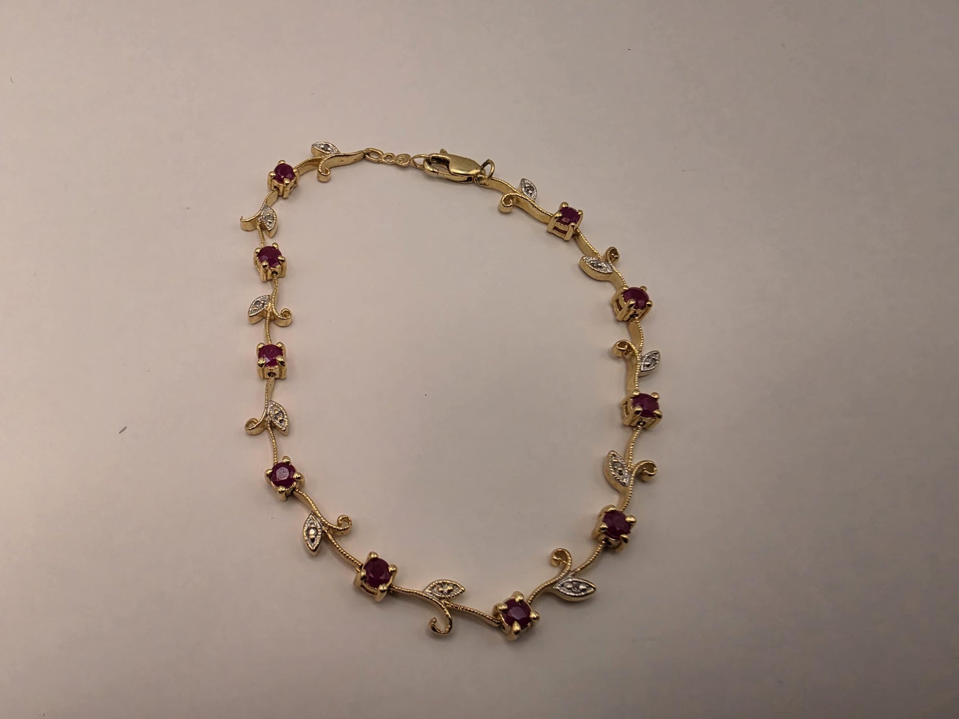 14K Yellow Gold Ruby Diamond Bracelet Floral Vine Flower Leaf Link Natural Ruby July Birthstone Fine Jewelry Gift for Her 7 Inch