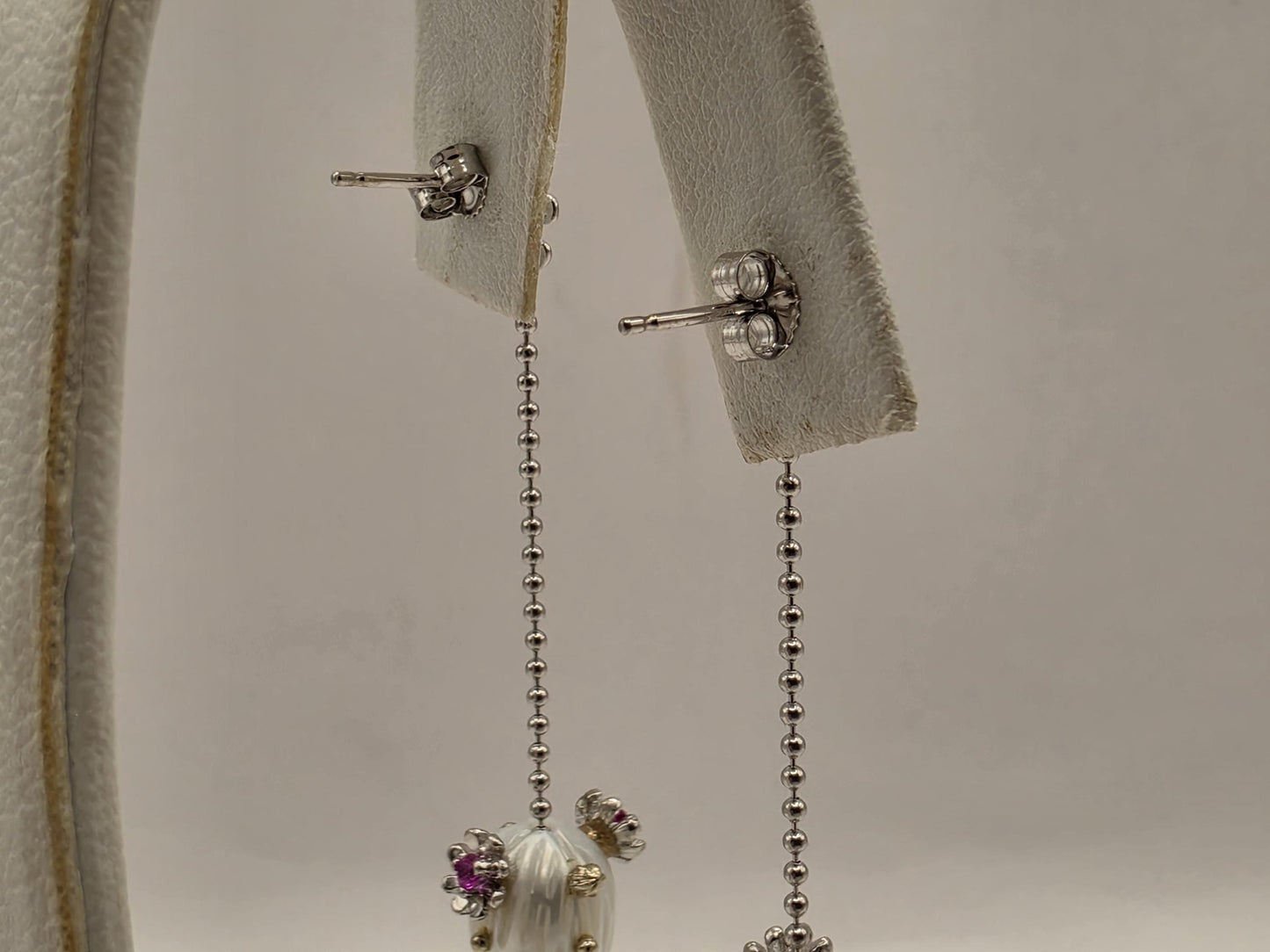 14K White Gold Ruby and Pearl Dangle Earrings Floral Ruby Freshwater Pearl Drop Ball Chain Long Earrings July Birthstone Gift for Her