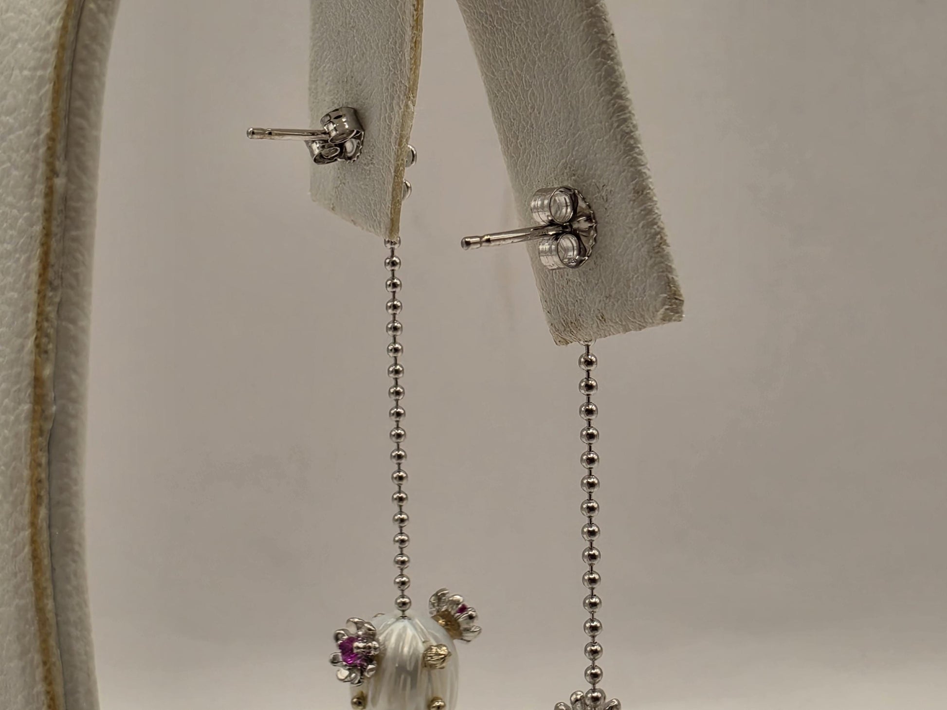 14K White Gold Ruby and Pearl Dangle Earrings Floral Ruby Freshwater Pearl Drop Ball Chain Long Earrings July Birthstone Gift for Her