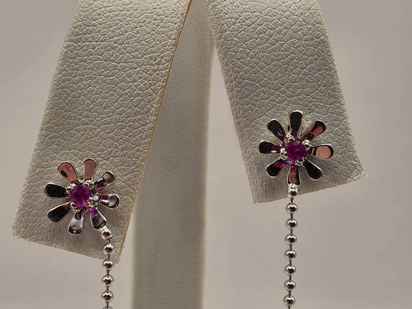 14K White Gold Ruby and Pearl Dangle Earrings Floral Ruby Freshwater Pearl Drop Ball Chain Long Earrings July Birthstone Gift for Her
